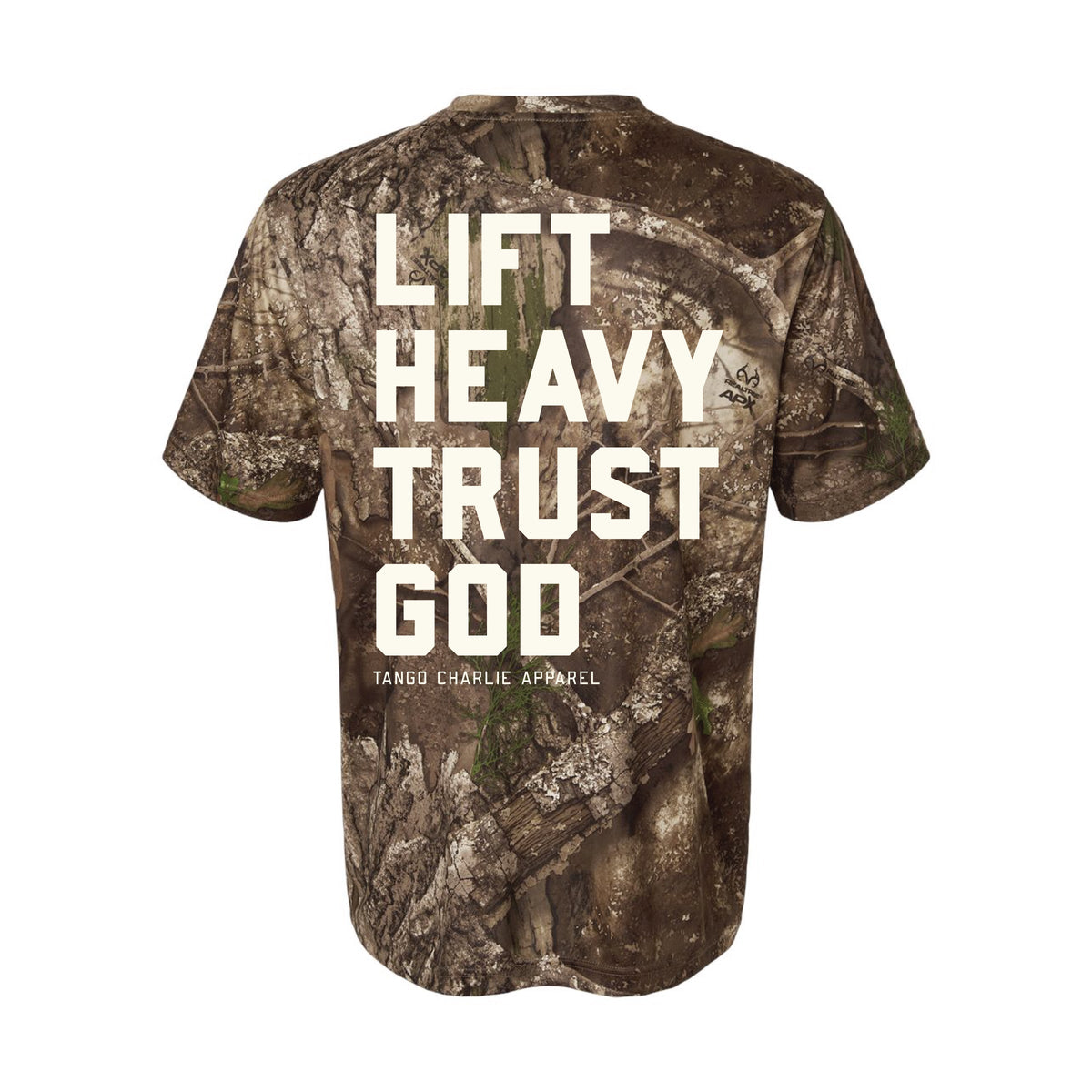 Lift Heavy. Trust God. - Realtree Premium Camo Tee
