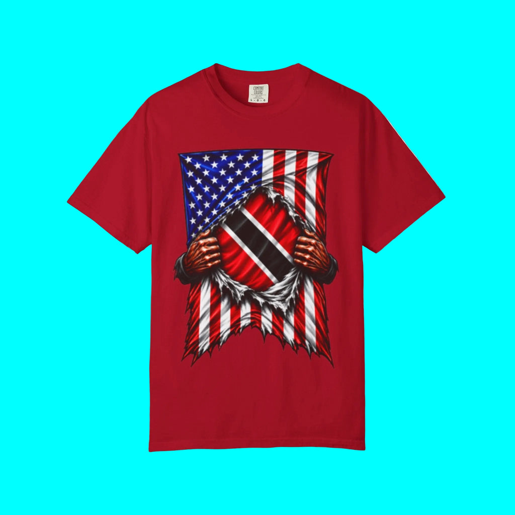 Trinidad and Tobago Flag + USA Flag Heritage T-shirt | Trinidadian + American Flag Cultura 4th Of July | Funny Viral Latino Tees | Heavyweight Cotton