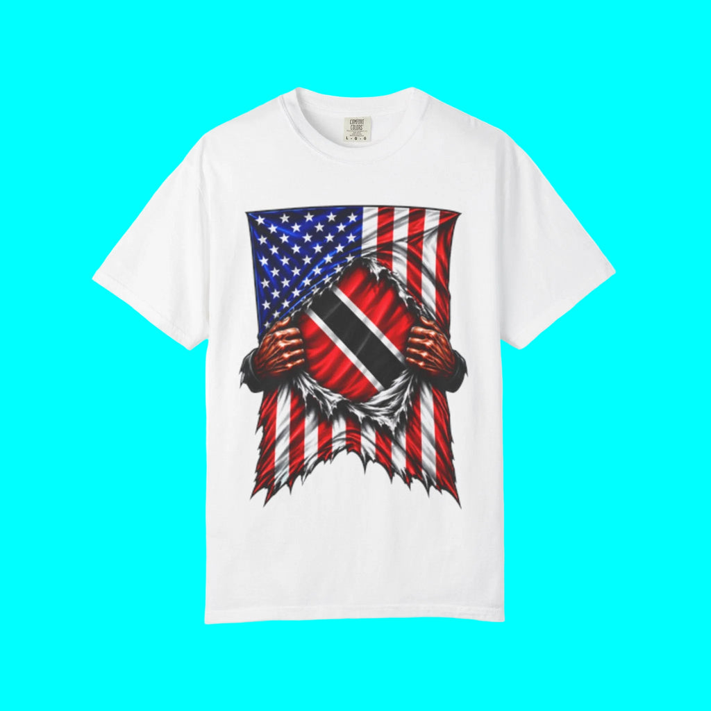 Trinidad and Tobago Flag + USA Flag Heritage T-shirt | Trinidadian + American Flag Cultura 4th Of July | Funny Viral Latino Tees | Heavyweight Cotton