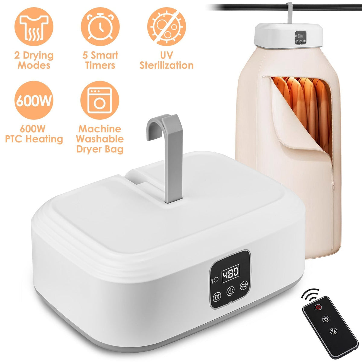 Portable Clothes Dryer Mini Dryer Foldable Dryer Machine with Timer UV Sterilization 2 Drying Modes Remote Control for Apartment Dorm RV Travel Home